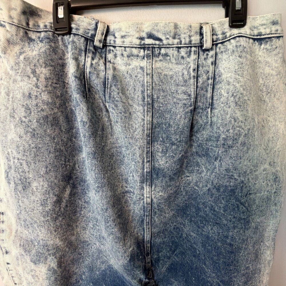Vintage 80s Palmettos Acid Wash Denim Midi Skirt Pleated Button Back Slit L 16 - Picture 9 of 16